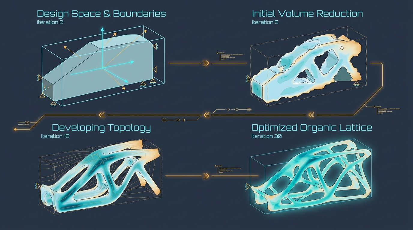 Technical CAD engineering diagram showing SIMP topology optimization progression inside Ansys Discovery across four iteration stages