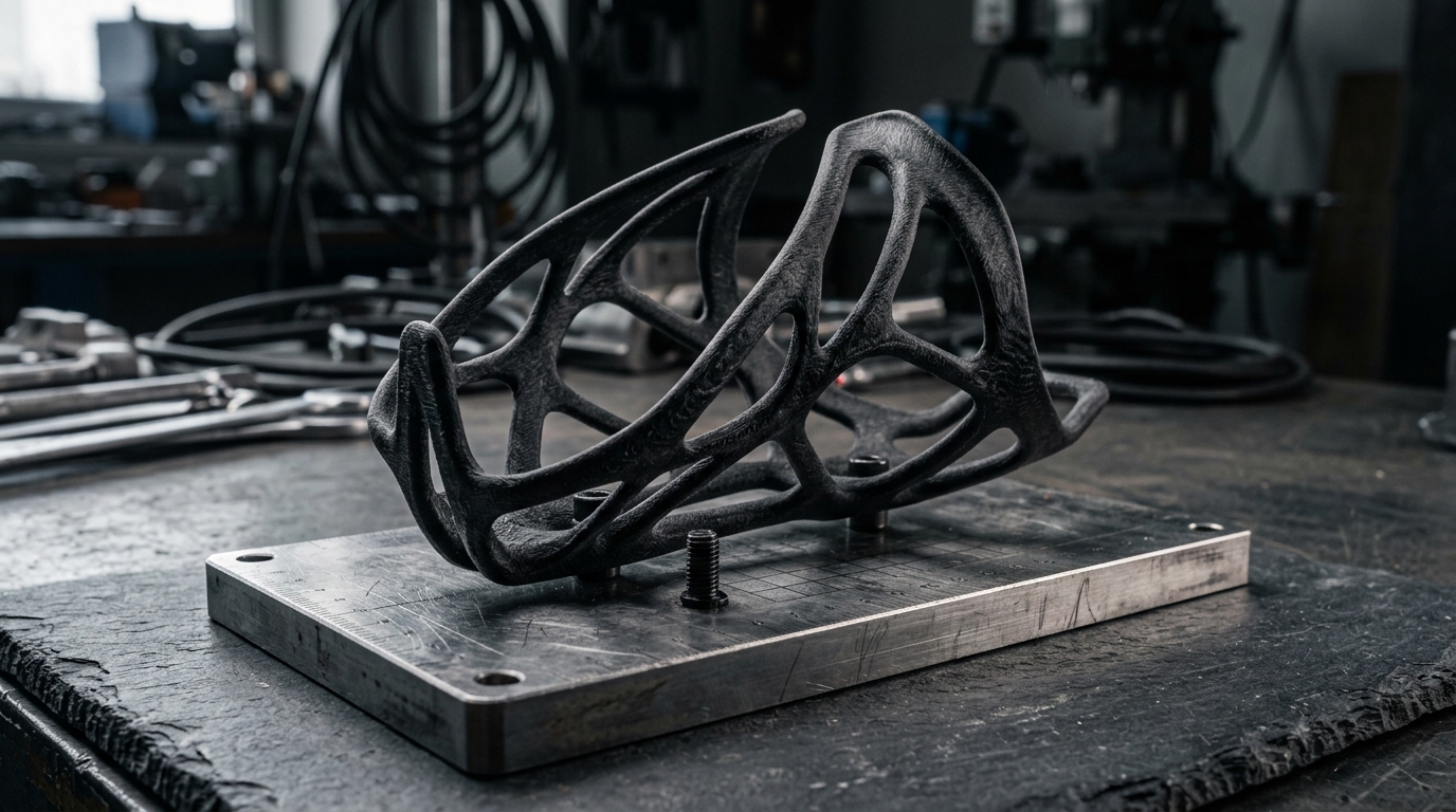 Generatively designed 3D printed carbon composite bottle cage with organic bionic lattice structure on an engineering workbench