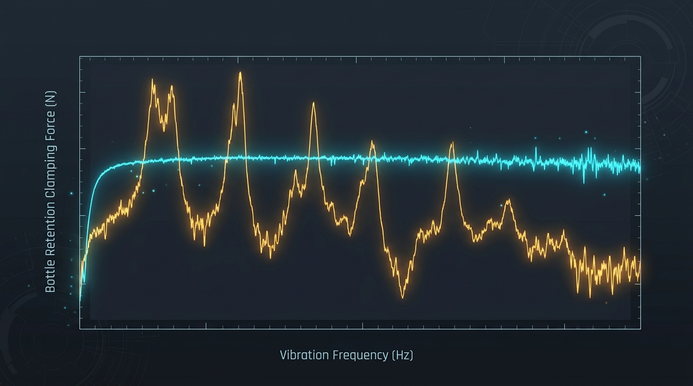 Technical FEA structural vibration and harmonic frequency response telemetry chart for bicycle water bottle retention under 45G shock loads