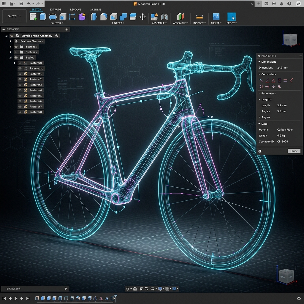 Autodesk Fusion 360 CAD modeling workspace displaying custom bicycle frame geometry