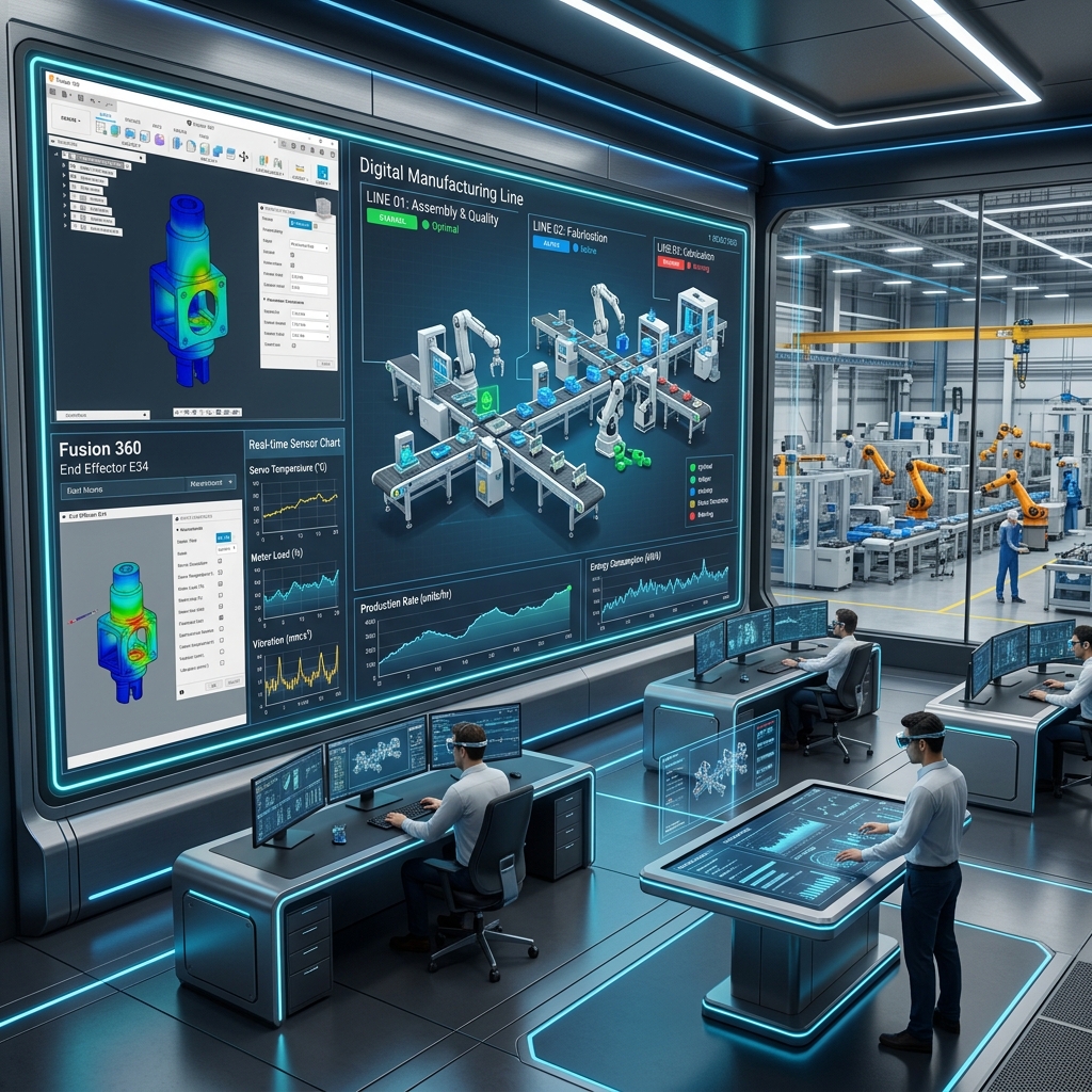 Digital twin control center displaying real-time sensor graphs and automated assembly line CAD models