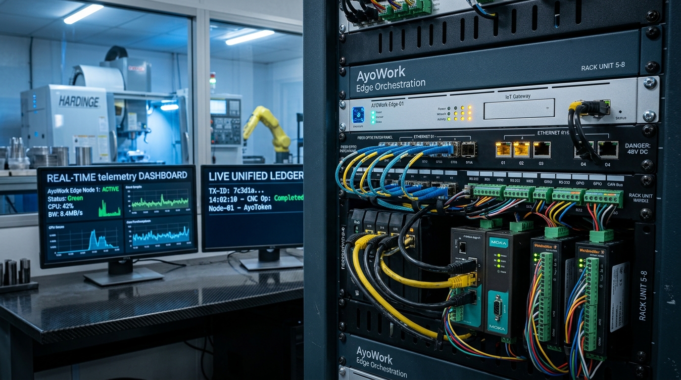 AyoWork edge orchestration server rack and control workstation inside an advanced manufacturing facility