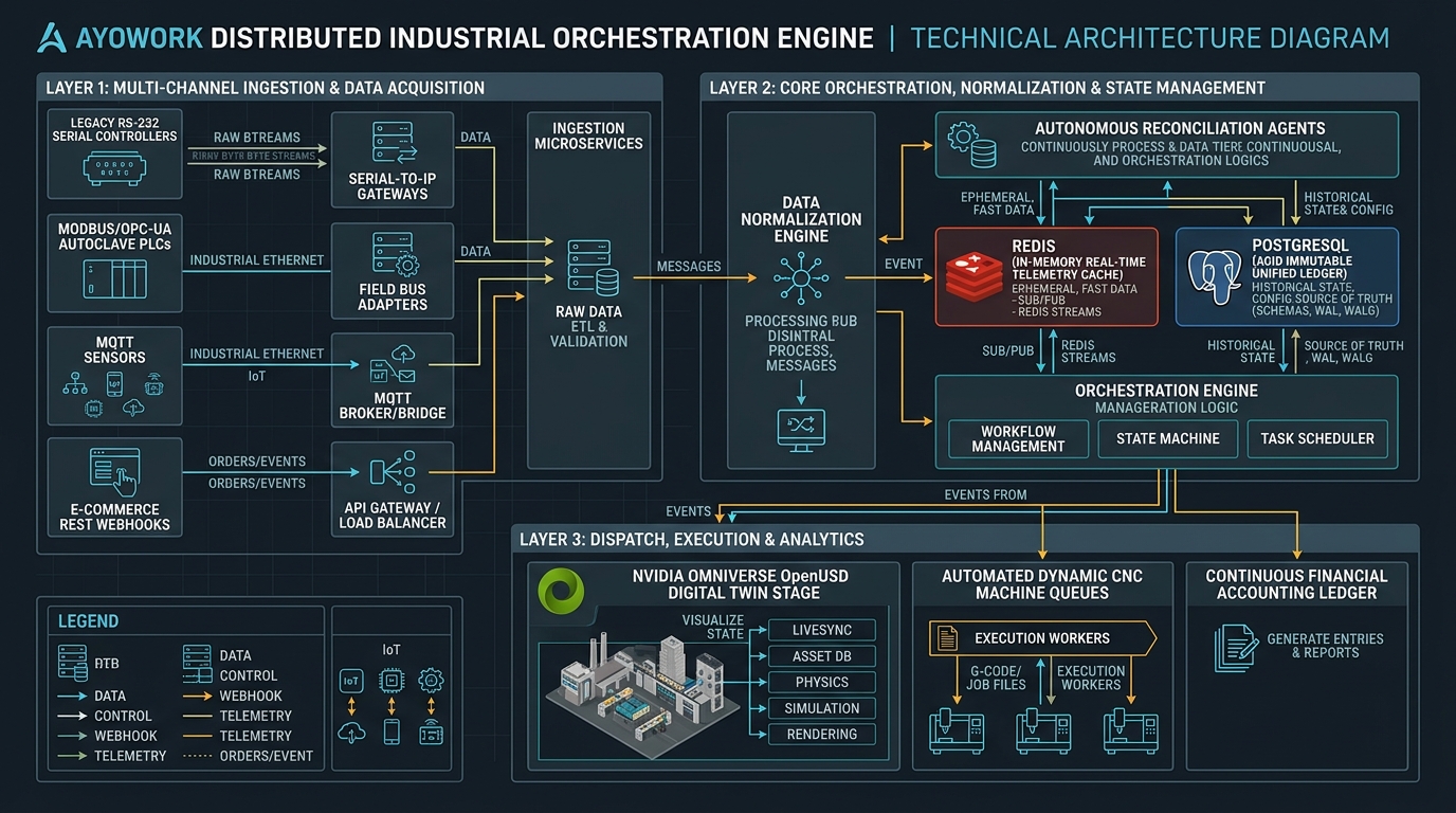 Technical software architecture diagram of the AyoWork distributed industrial orchestration engine