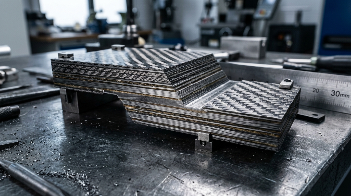 Stepped scarf joint in layered pre-preg carbon fiber composite tubing on an engineering inspection bench