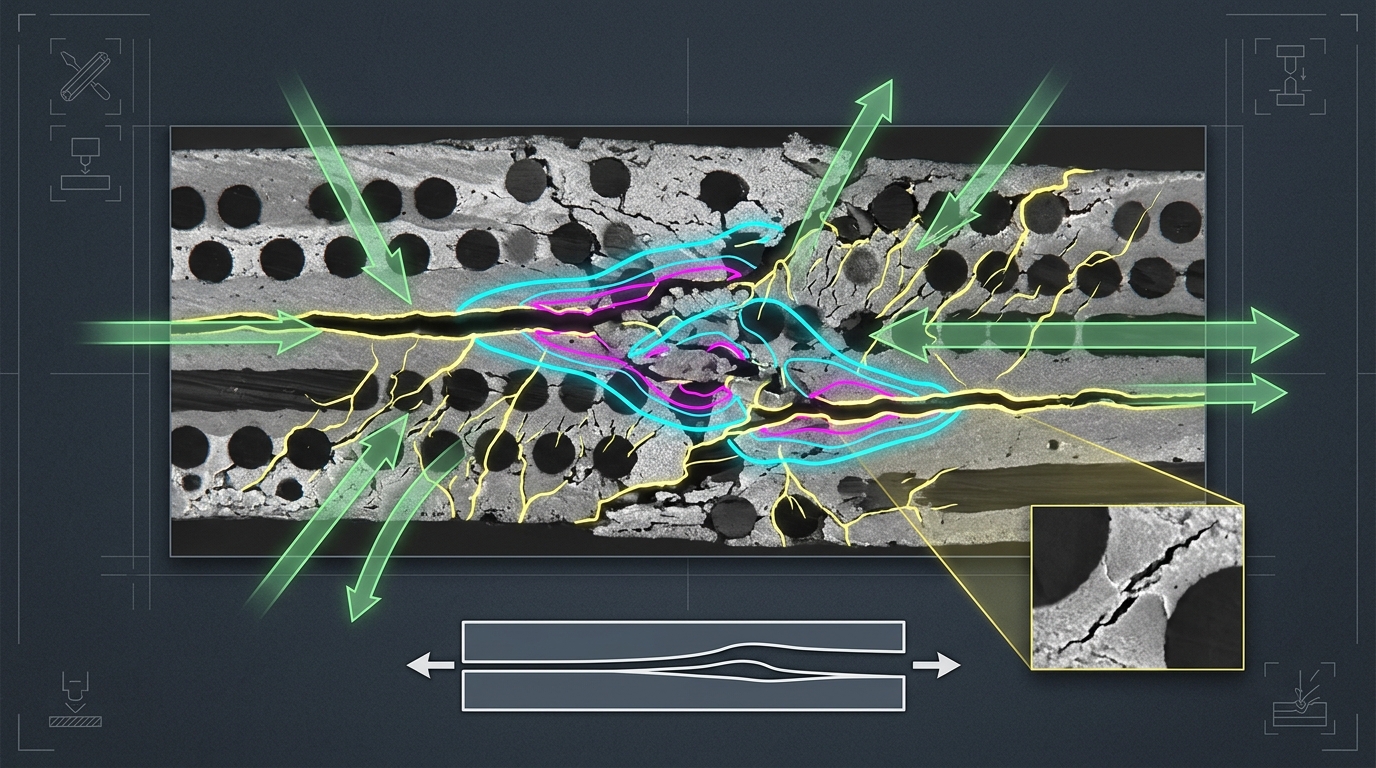 Microscopic cross section analysis of carbon fiber failure showing inter-laminar shear delamination