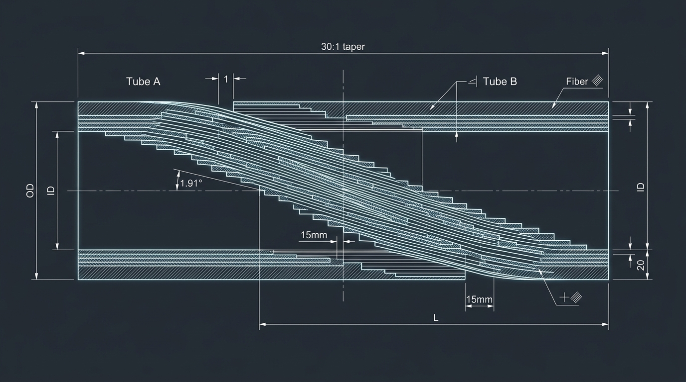 Technical CAD blueprint of a 30 to 1 structural scarf joint taper in carbon fiber composite tubing