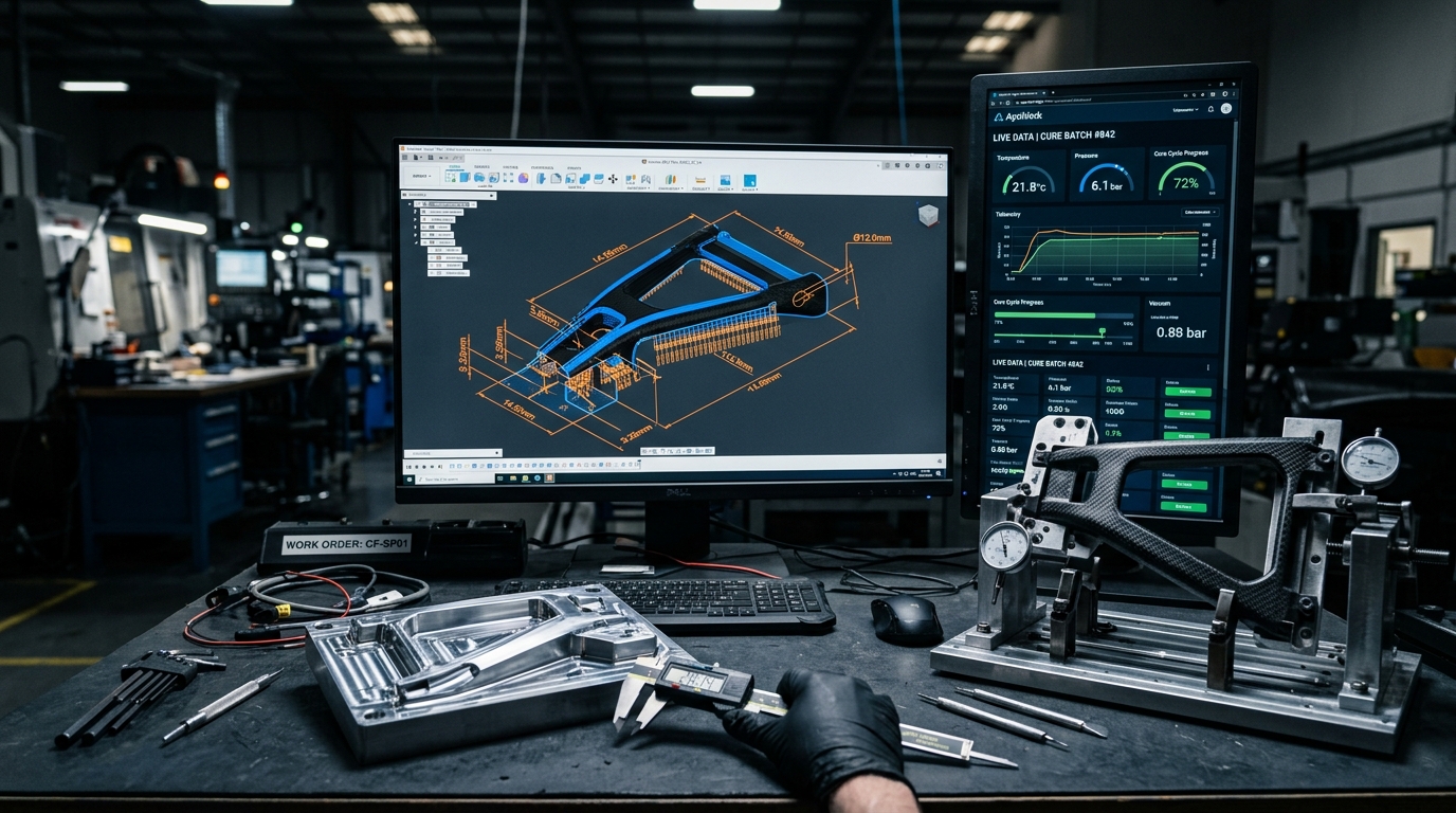 Digital manufacturing workstation showing Autodesk Fusion 360 parametric CAD model alongside real-time AyoWork telemetry dashboard and CNC tooling