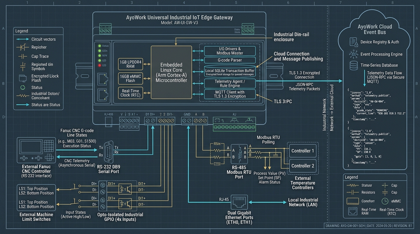 Technical engineering hardware schematic and telemetry pipeline of the AyoWork Universal Industrial IoT Edge Gateway