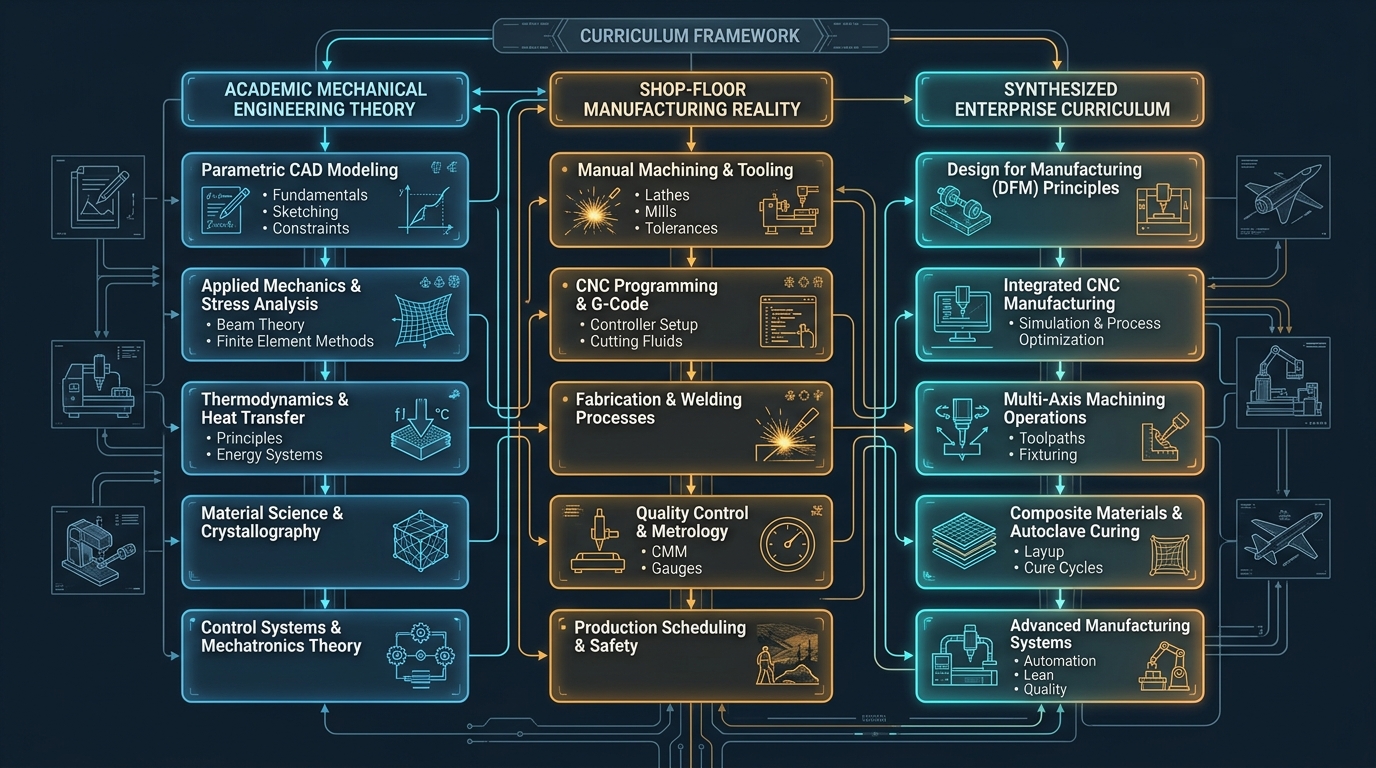 Technical engineering pedagogical curriculum framework infographic comparing Academic Theory vs Shop-Floor Reality vs Synthesized Enterprise Curriculum