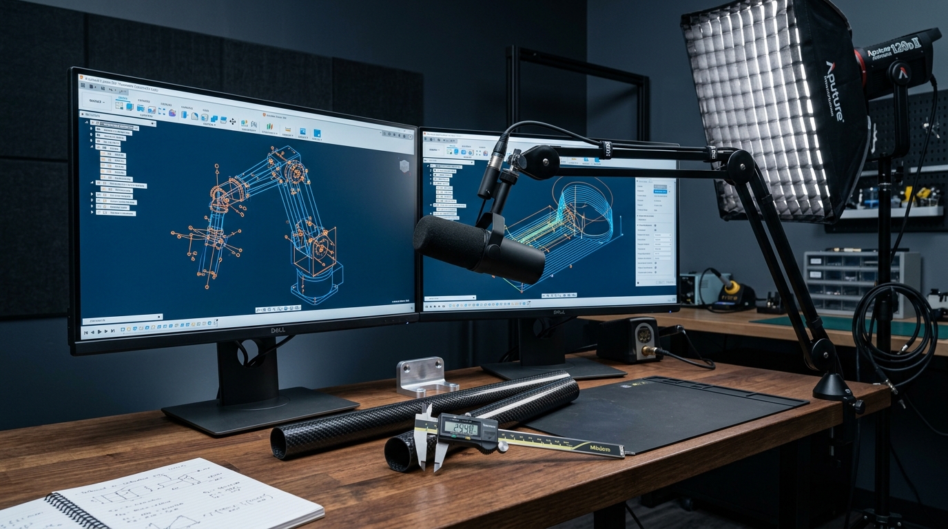 Professional technical education studio workspace with dual 4K monitors displaying parametric CAD skeletons alongside carbon fiber tubes and precision calipers