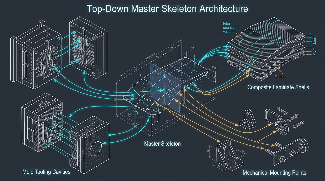 Technical CAD engineering pedagogical diagram showing Top-Down Master Skeleton Architecture driving downstream components