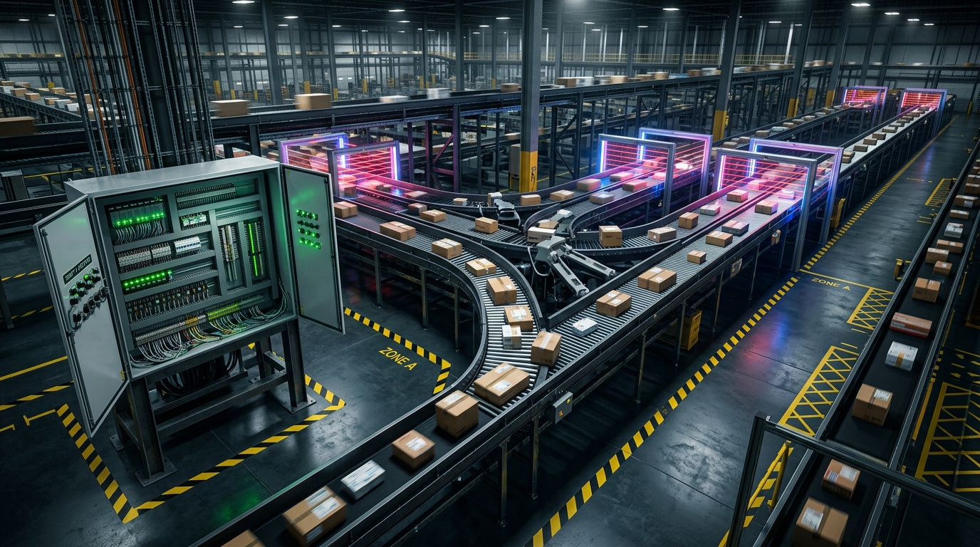 High-speed automated distribution center with converging roller conveyors, optical scan tunnels, and industrial PLC control cabinet