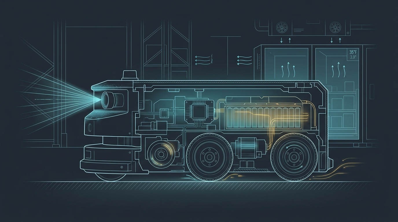 Technical industrial robotics cross section diagram of an AMR in a 35 degree Fahrenheit cold storage warehouse