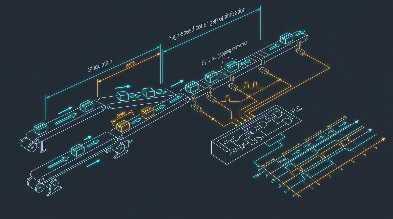 Technical industrial engineering schematic of package singulation and high speed sorter gap optimization