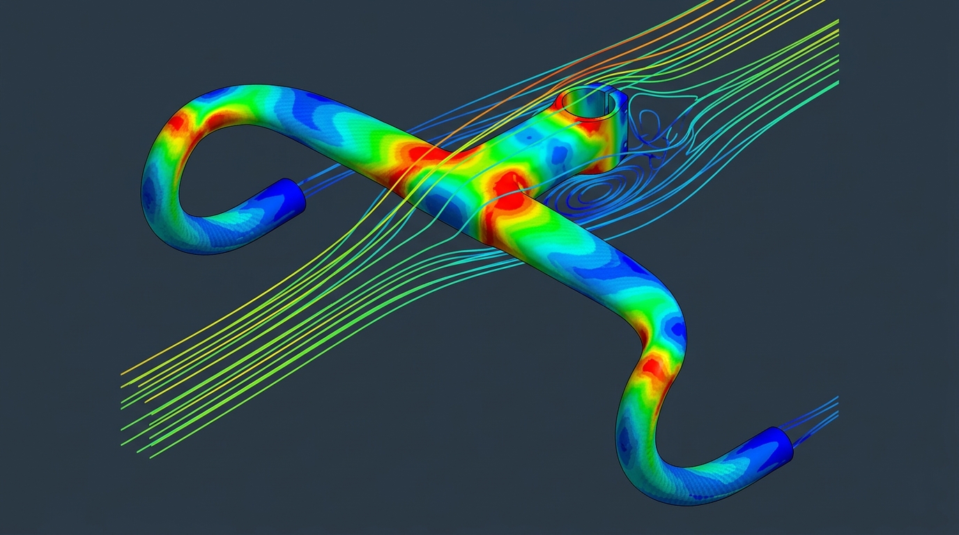 Finite element analysis stress distribution and CFD aerodynamic airflow streamlines over track handlebar