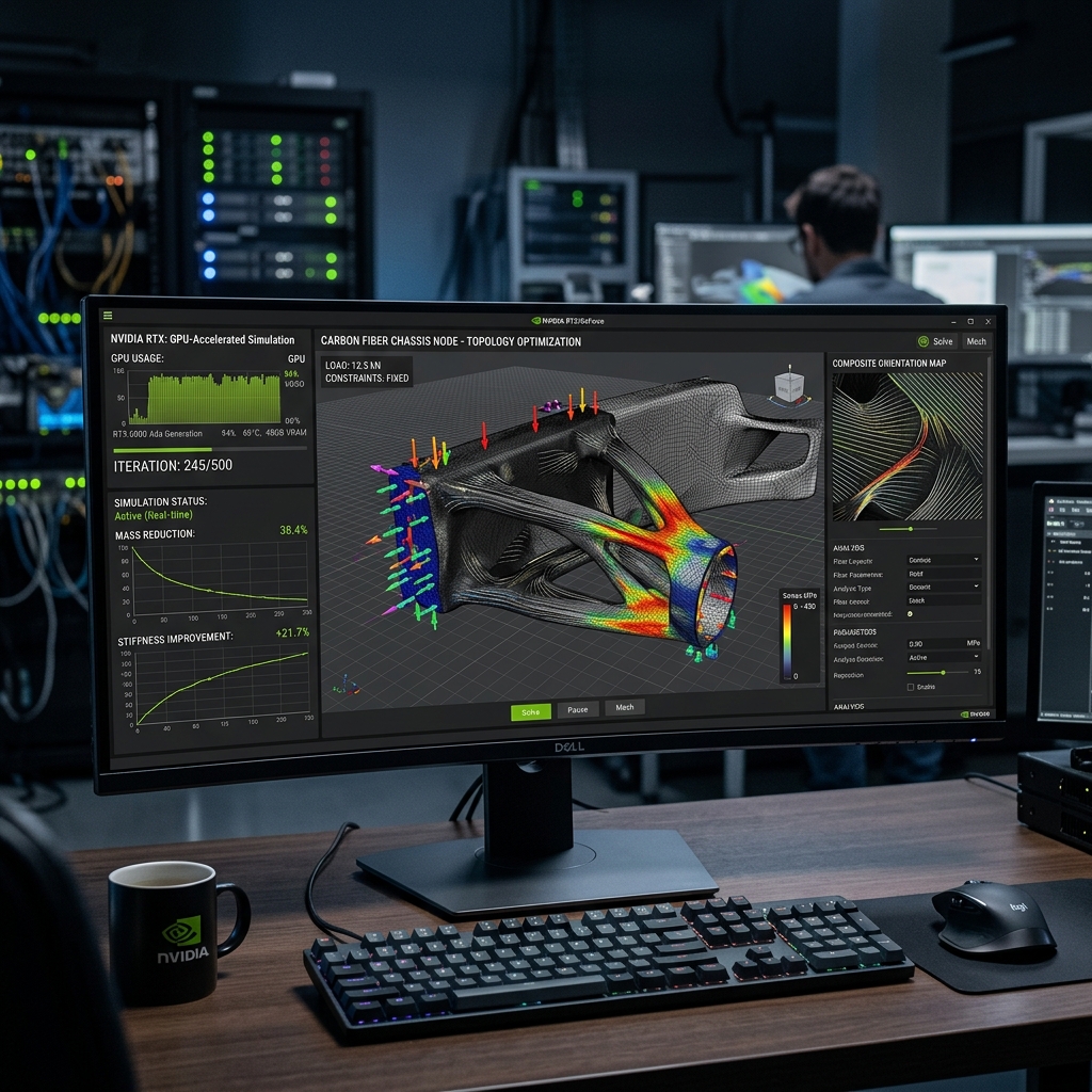 High-performance workstation displaying GPU-accelerated aerodynamic simulation vectors