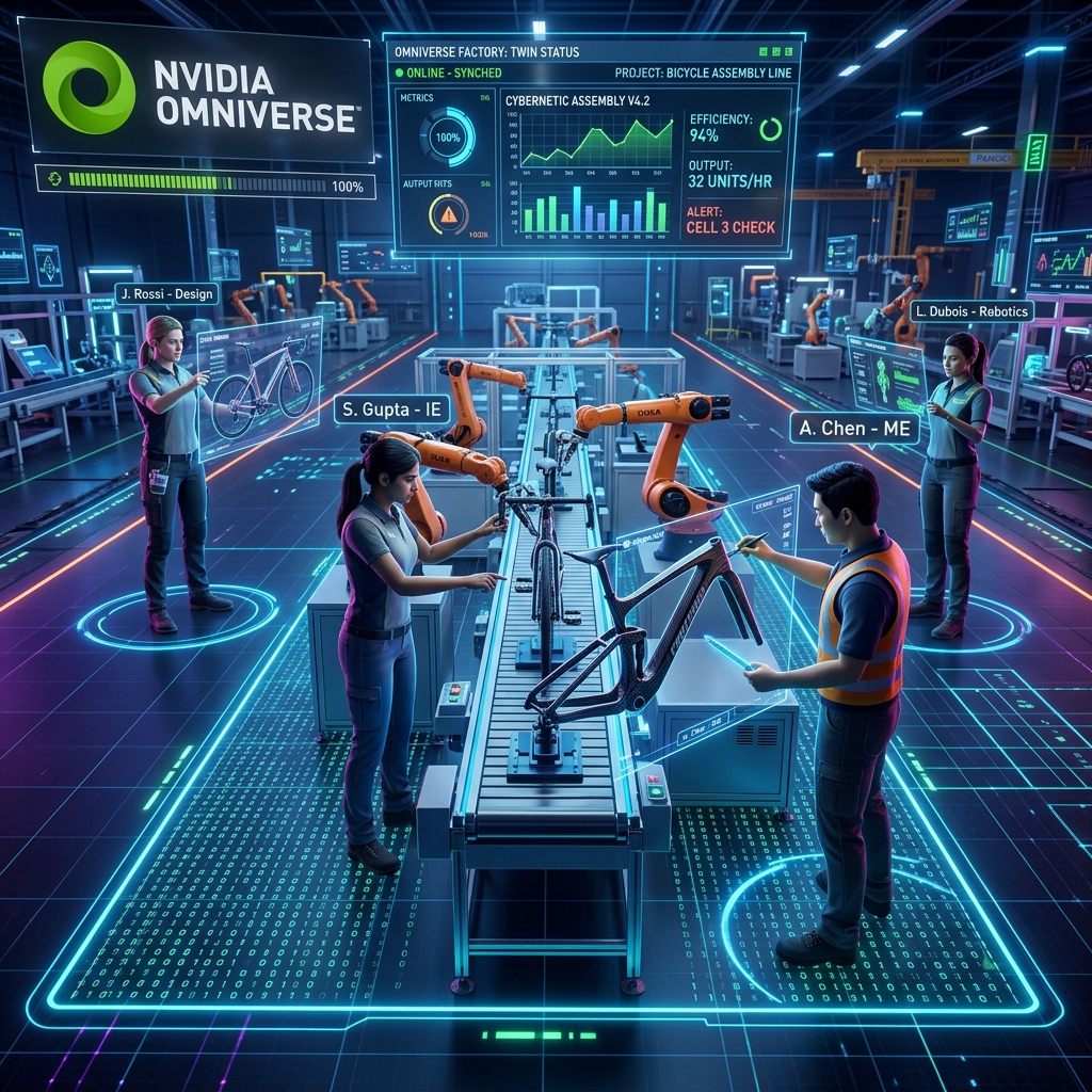 Collaborative digital twin manufacturing workspace showing multiple engineers in a virtual workspace