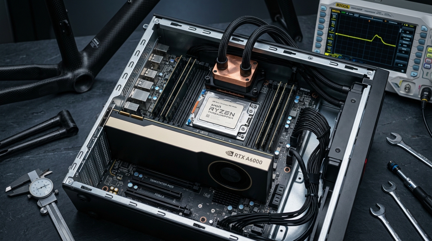 Lenovo ThinkStation P620 workstation hardware open chassis showing AMD Threadripper Pro socket, 8-channel ECC RAM, and NVIDIA RTX A6000 GPU