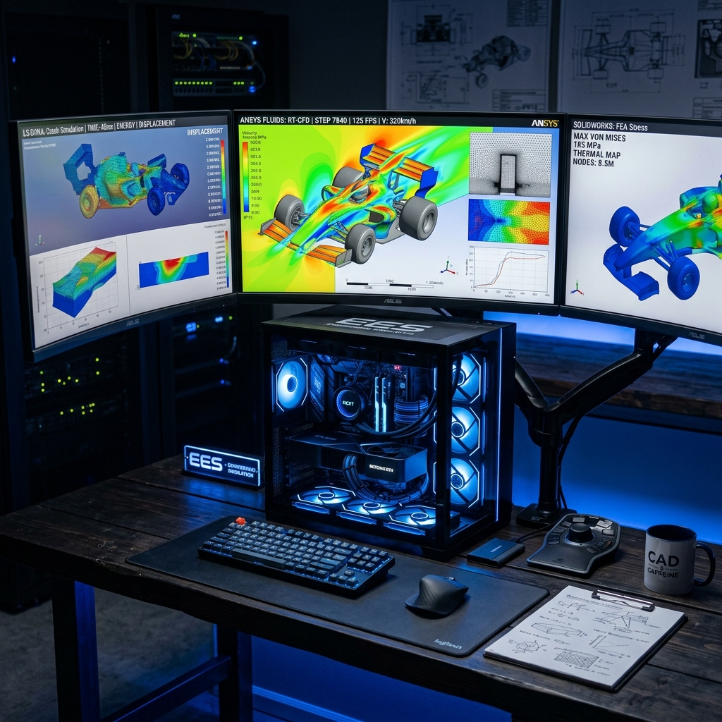 Professional CAD engineering station equipped with Lenovo workstation hardware and multi-screen layout