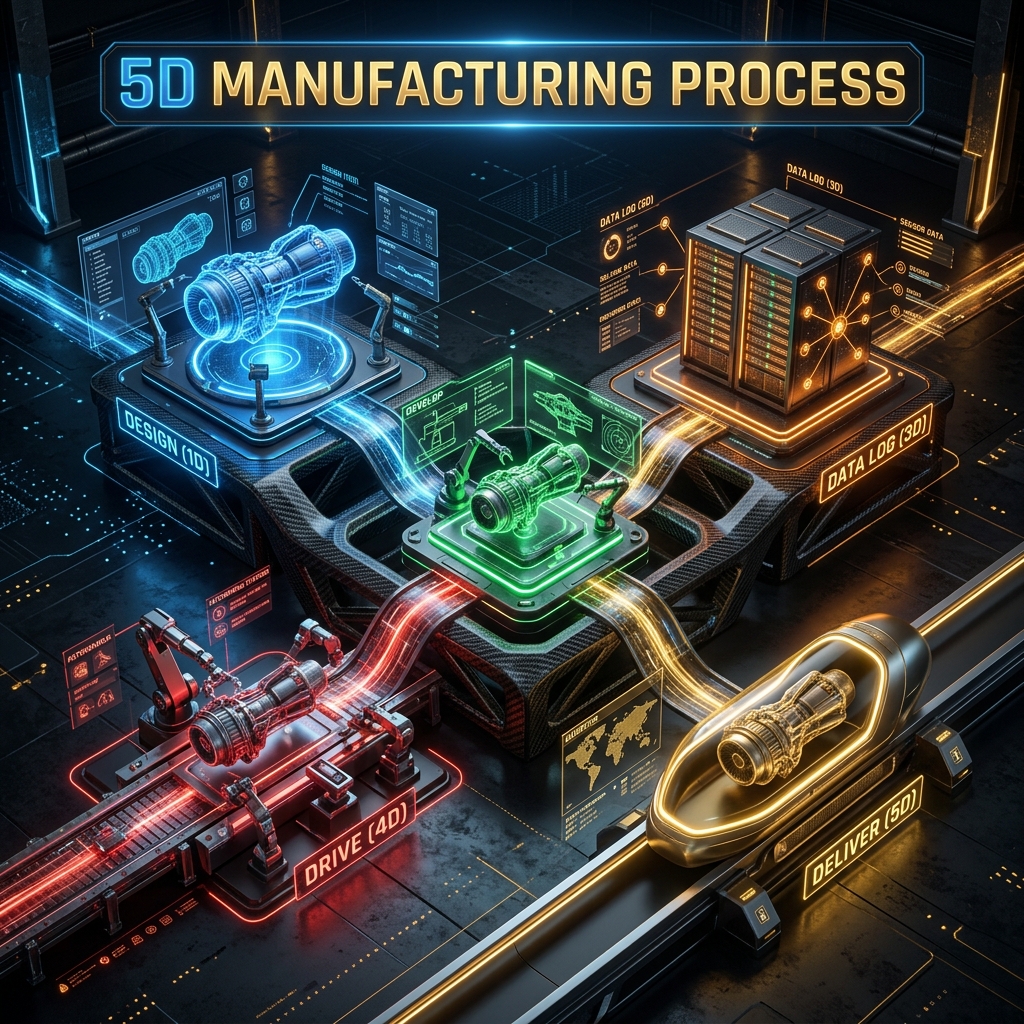 5D Manufacturing Methodology framework diagram displaying Design, Develop, Data Log, Drive, and Deliver