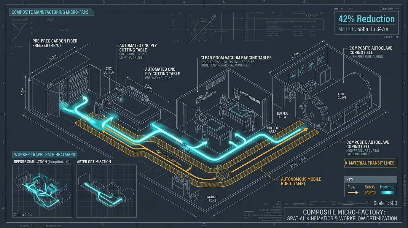 Technical engineering micro-factory floor layout and spatial kinematics blueprint diagram