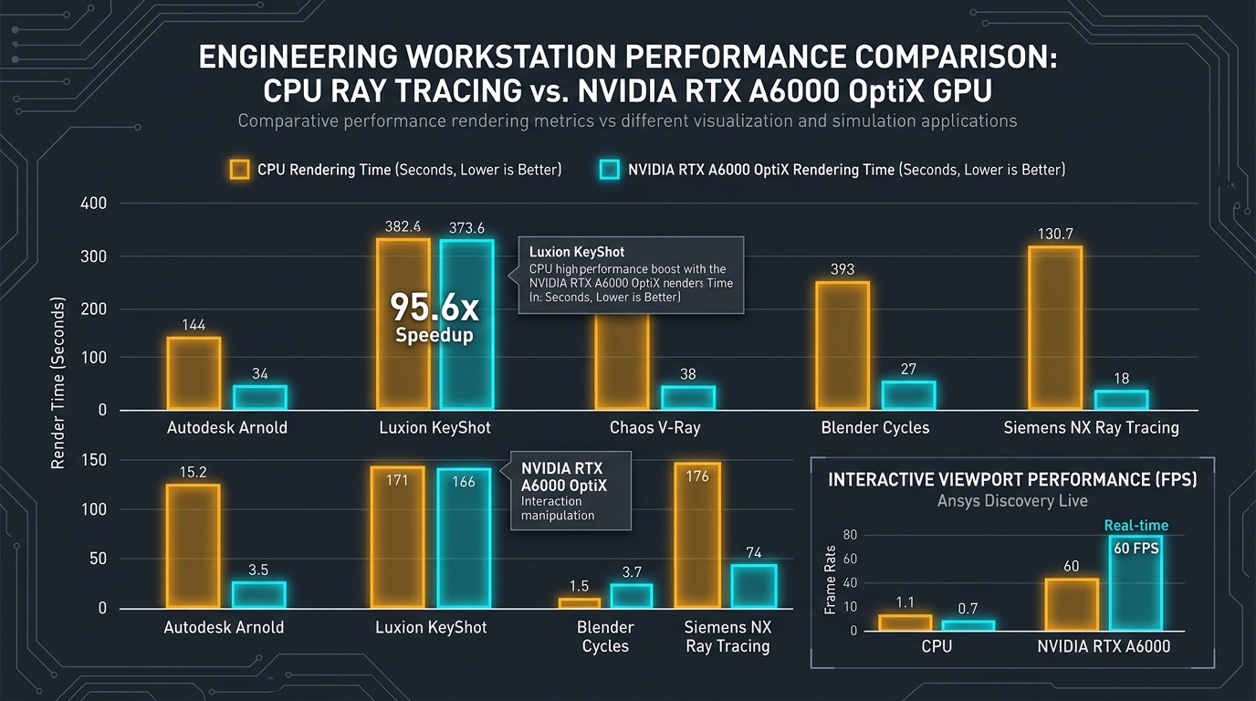Technical engineering benchmark performance bar chart comparing CPU ray tracing render times vs NVIDIA RTX A6000 OptiX GPU render times
