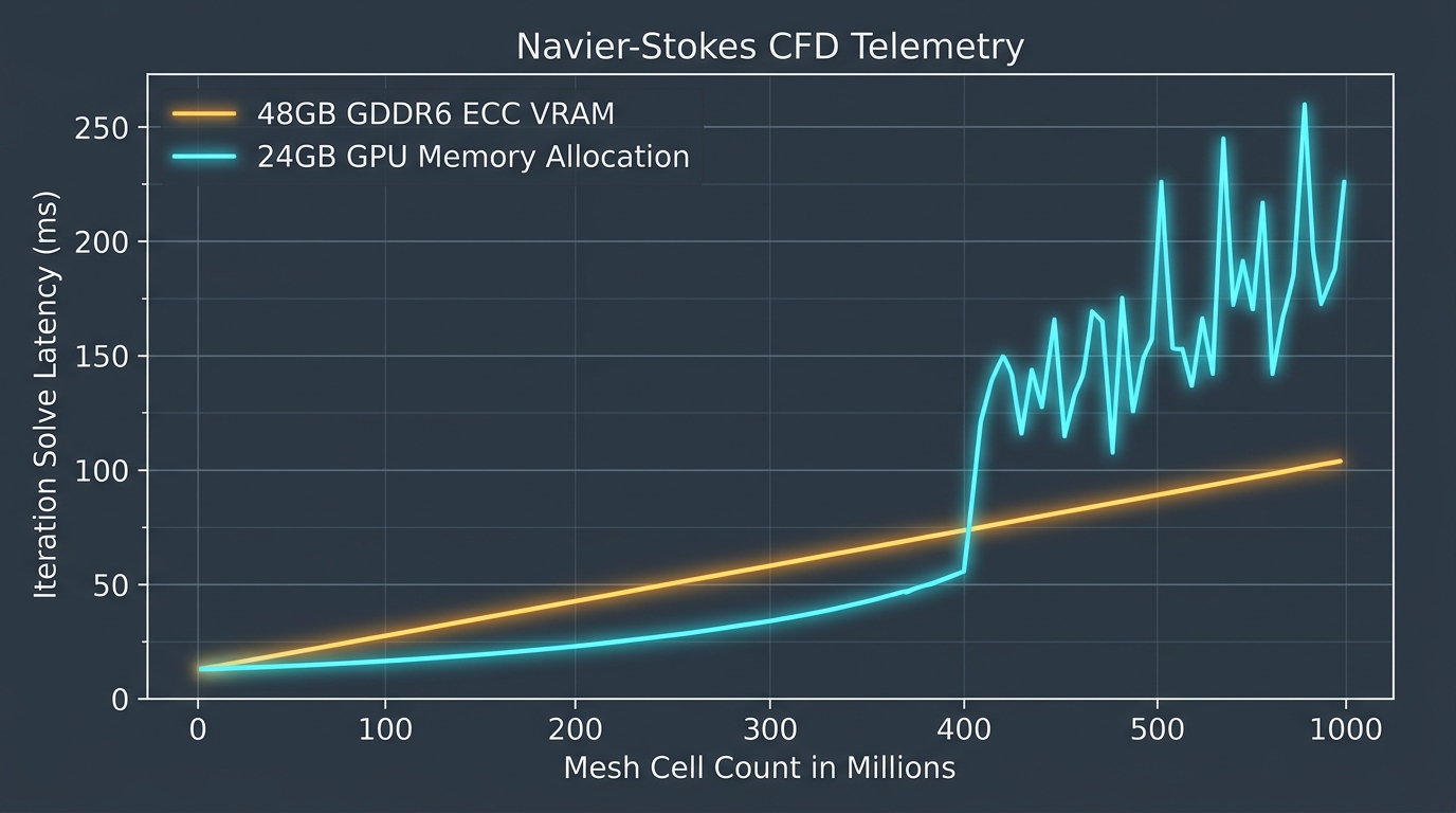 Technical engineering benchmark telemetry chart comparing 48GB GDDR6 ECC VRAM vs 24GB GPU memory allocation during Navier Stokes CFD simulation