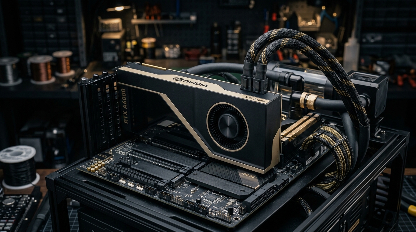NVIDIA RTX A6000 workstation graphics card mounted in an open liquid-cooled workstation test bench