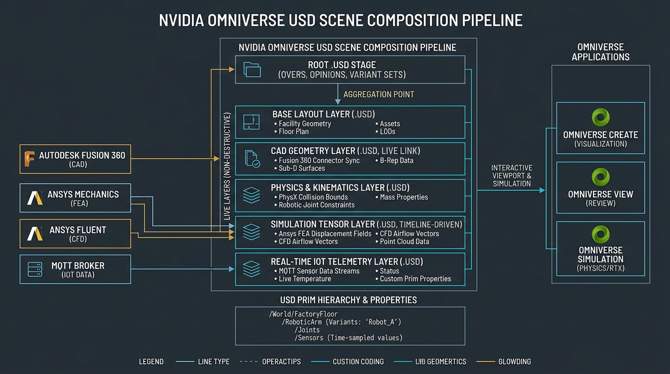 Technical software architecture diagram of the OpenUSD scene composition pipeline in NVIDIA Omniverse