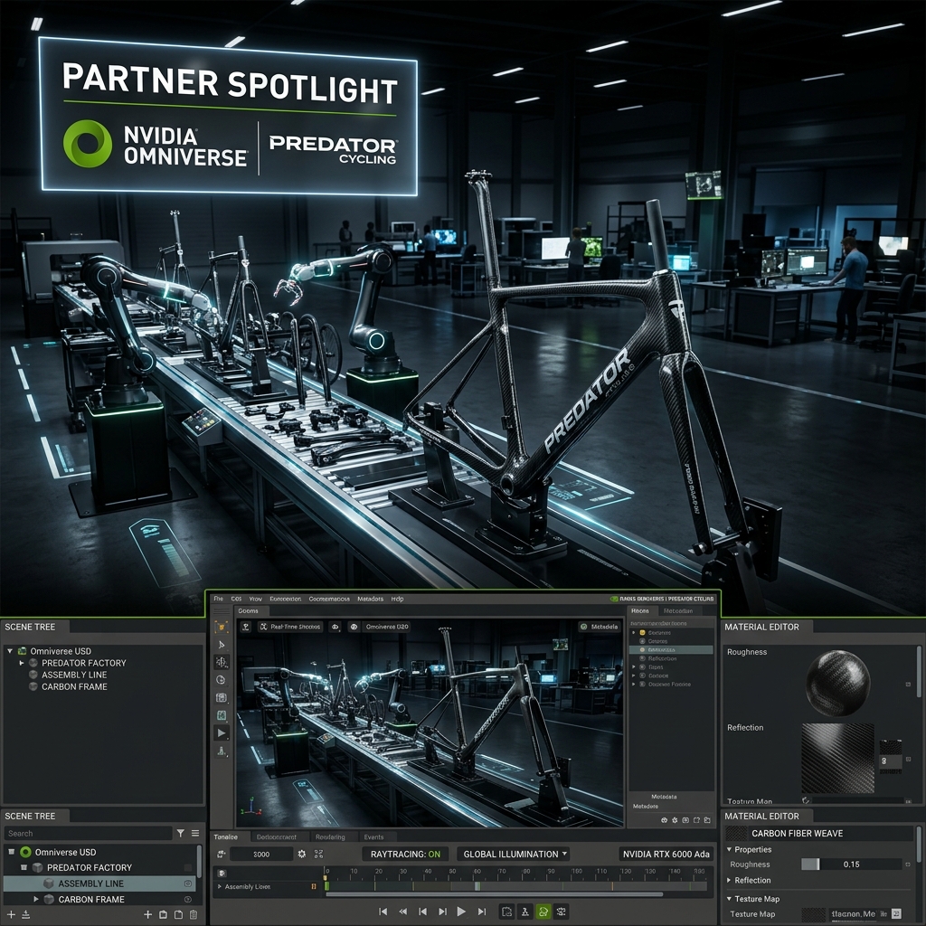 Raytraced render of custom composite frame assembly inside NVIDIA Omniverse studio layout