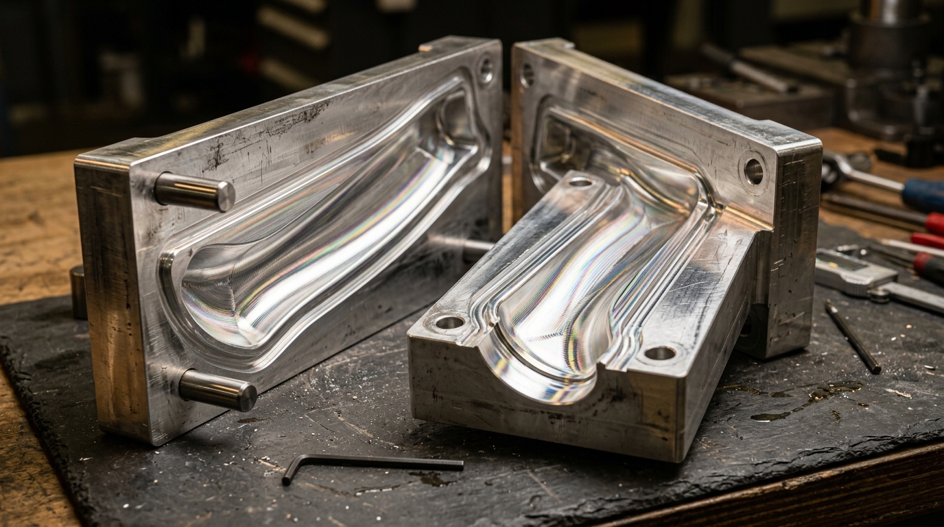 Precision CNC machined 6061 billet aluminum two-piece split clamshell mold for aerodynamic carbon composite bicycle frame tubing