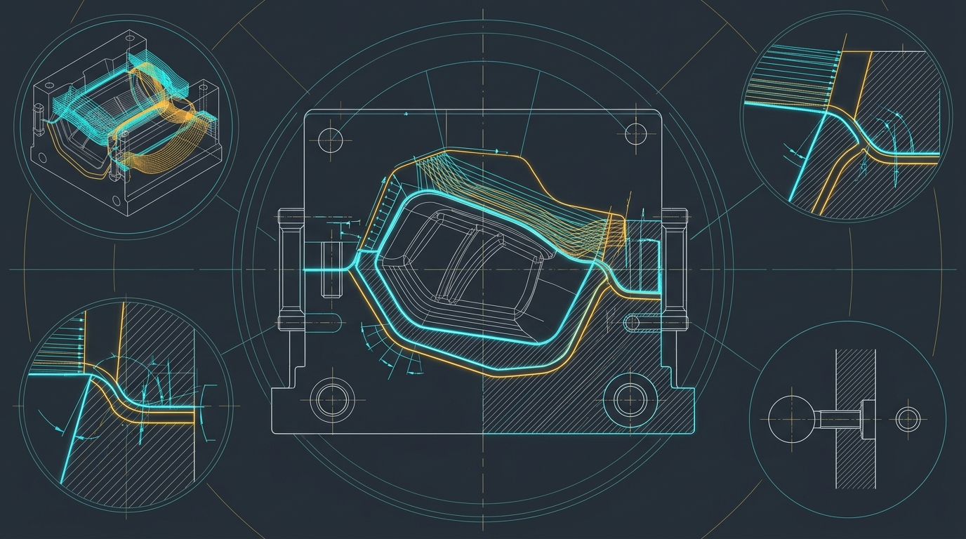 Technical CAD CAM blueprint schematic of two-piece clamshell split mold with parting line, draft angles, alignment pins, and toolpaths