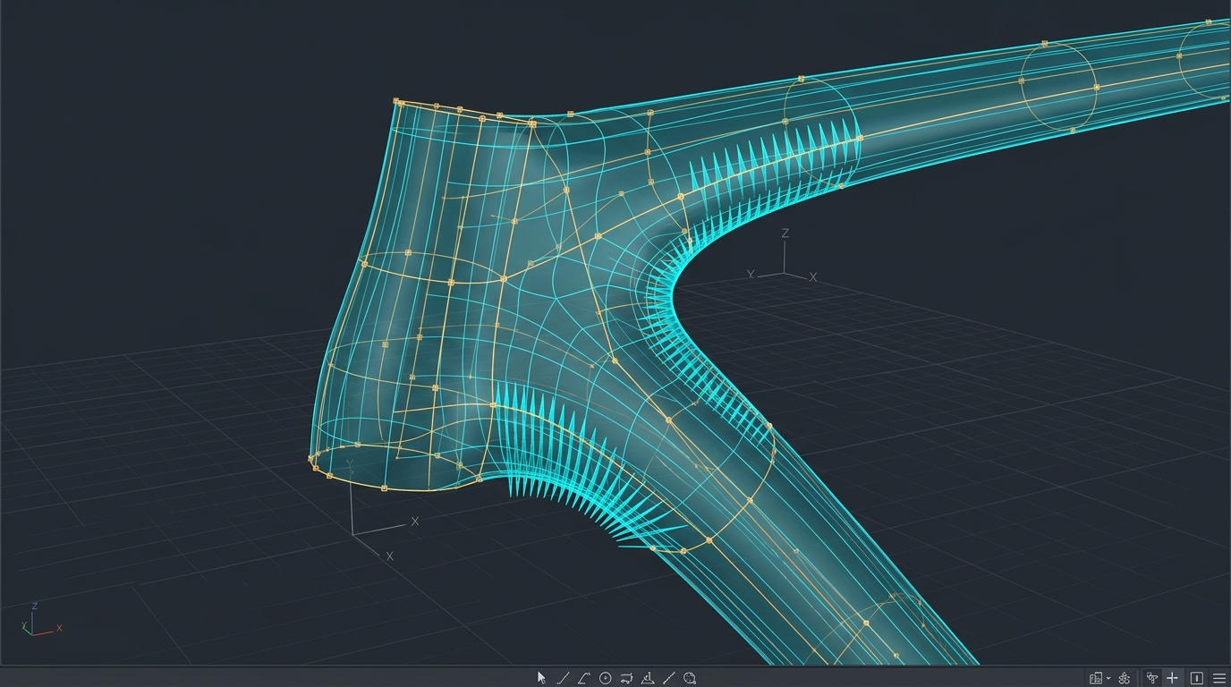 Technical CAD engineering diagram showing parametric wireframe skeleton driving translucent T-Splines surface with G2 continuity