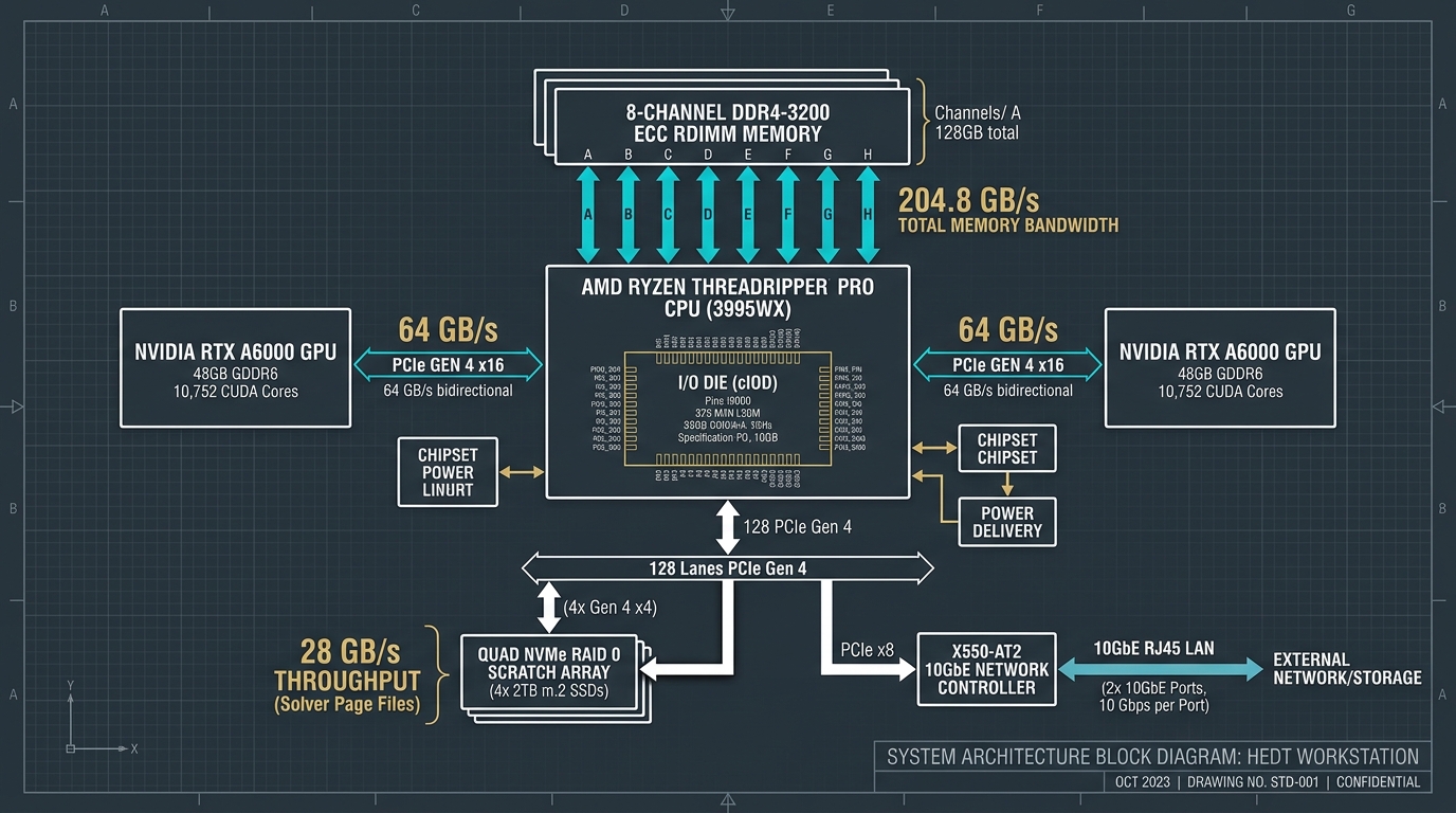 System architecture block diagram showing AMD Threadripper PRO 8-channel DDR4 memory bus delivering 204.8 GB/s bandwidth and 128 PCIe Gen 4 lanes