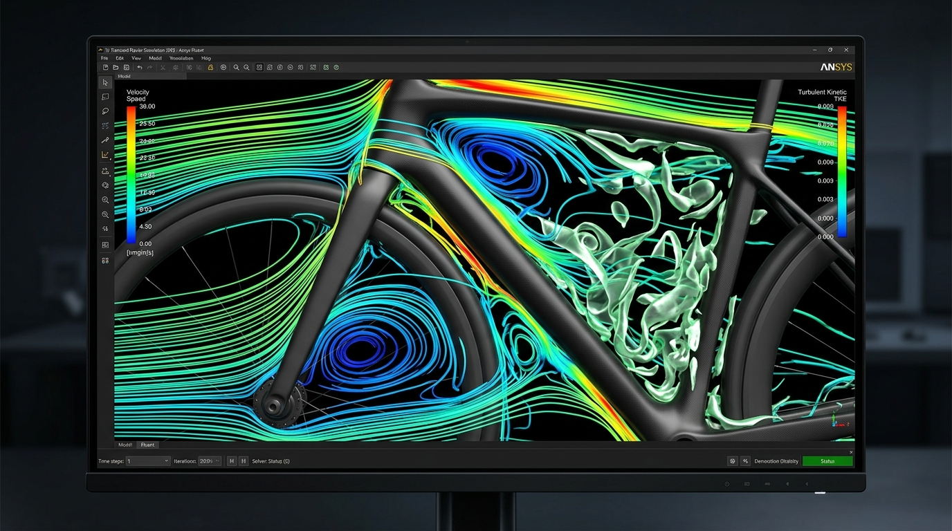 Technical Navier-Stokes CFD airflow velocity vectors and turbulent kinetic energy isosurfaces flowing around a bicycle frame and rider down tube