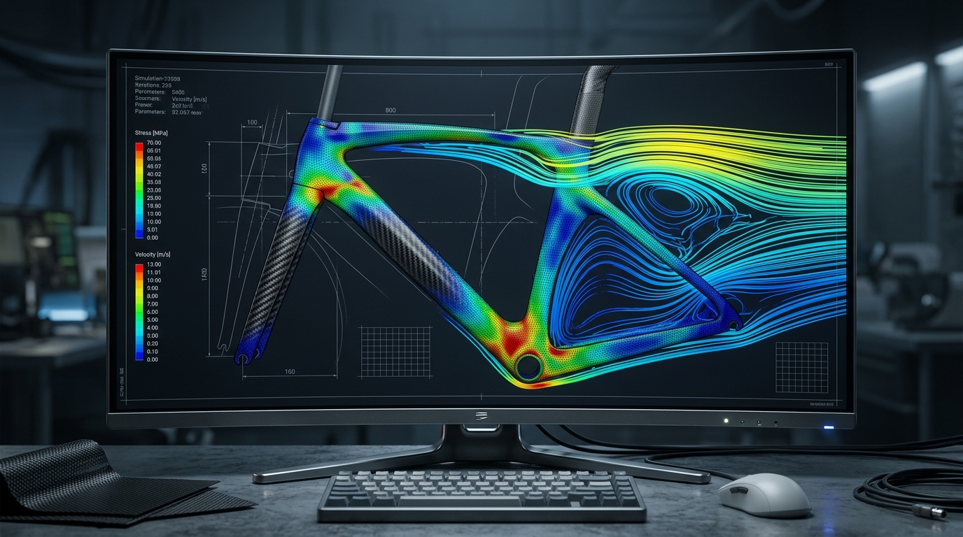 Industrial macro visualization of a bicycle frame multi-physics simulation mesh showing FEA stress gradients transitioning into aerodynamic streamlines