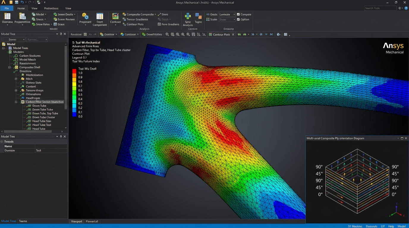 Technical FEA orthotropic failure analysis contour plot across composite layers showing Tsai-Wu failure index criteria, ply-by-ply stress distribution