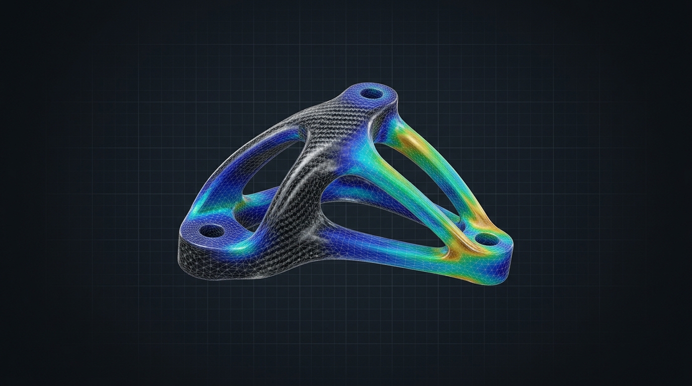 Parametric CAD geometry under FEA stress analysis with mathematical boundary equations overlaid on an engineering grid