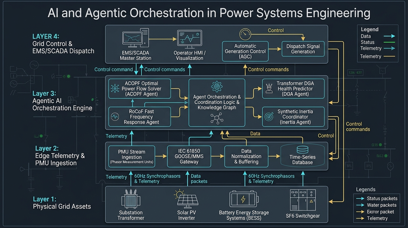 Technical software systems architecture diagram of AI and agentic orchestration in power systems engineering