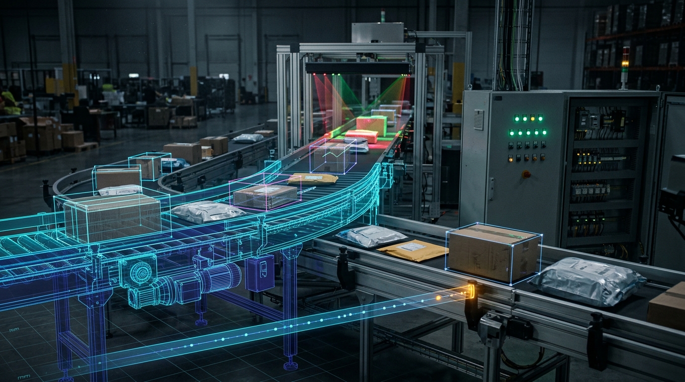 High-speed automated conveyor line and optical laser scan tunnel overlaid with cyan digital twin kinematics and event timeline scrubber