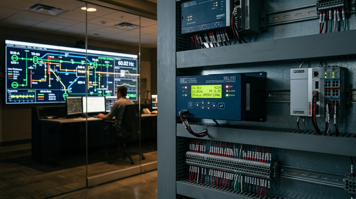 Modern intelligent power substation and digital protective relays overlooking an engineering grid control bridge