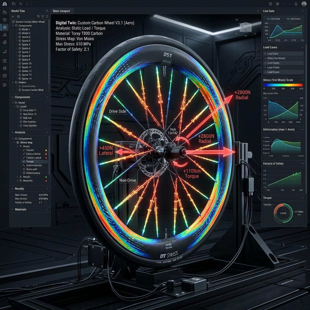 Spoke Calculator digital twin wheel layout displaying force vectors and tension maps