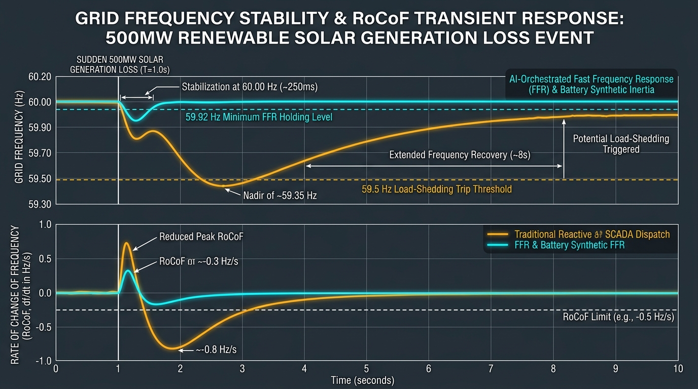 Technical electrical engineering telemetry graph showing transient grid frequency stability and Rate of Change of Frequency during a renewable generation loss event