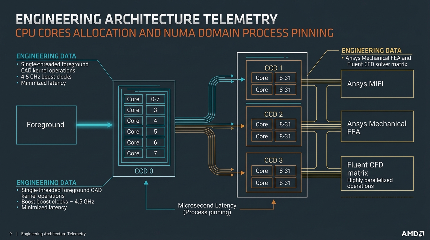 Technical telemetry diagram showing CPU core allocation and NUMA domain process pinning on an AMD Ryzen Threadripper PRO 32-core processor