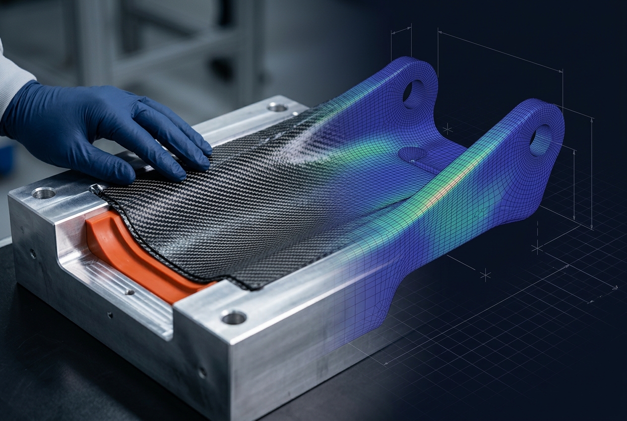 Hand-laid pre-preg carbon fiber on a machined aluminum mold with a silicone intensifier core, dissolving into an indigo FEA digital twin of the same bracket