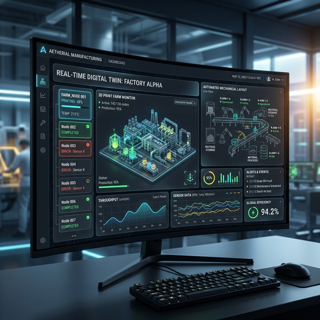 AyoWork software interface displaying real-time factory digital twin visualization and machine telemetry