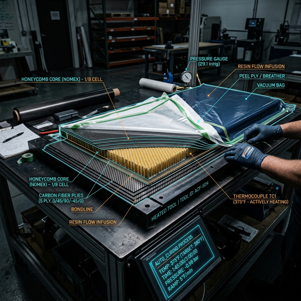 Advanced composite material layering featuring carbon fiber weaves and technical design elements