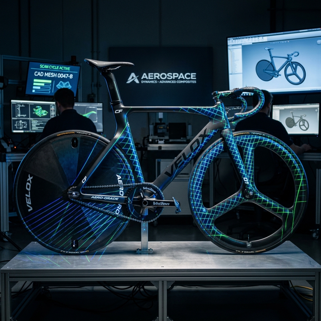High-performance carbon fiber track bicycle with laser scanning overlay in a studio setting